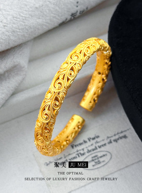 新款镀金新中式镂空花丝手镯女古法传承风唐草纹手环镯子沙金首饰
