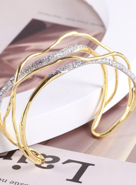 欧美饰品批发闪耀镶钻不规则线条缠绕拼色创意个性宽版手镯代发女