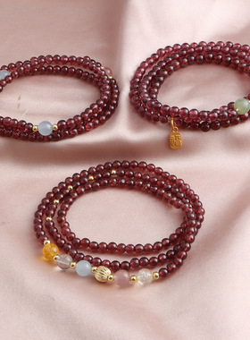新中式石榴石海蓝宝草莓晶三圈手串石榴石福牌三圈手串时尚简约