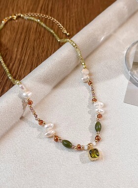 异形淡水珍珠祖母绿锆石吊坠颈链时尚橄榄石串珠项链轻奢锁骨链女