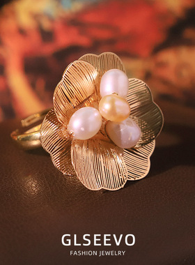 天然珍珠双层三瓣花朵戒指开口可调节指环复古高级感食指戒手饰品