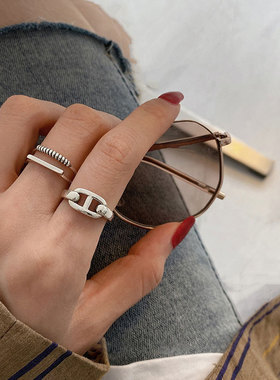 素创S925纯银猪鼻子双层开口食指环女ins冷淡风个性设计做旧戒指