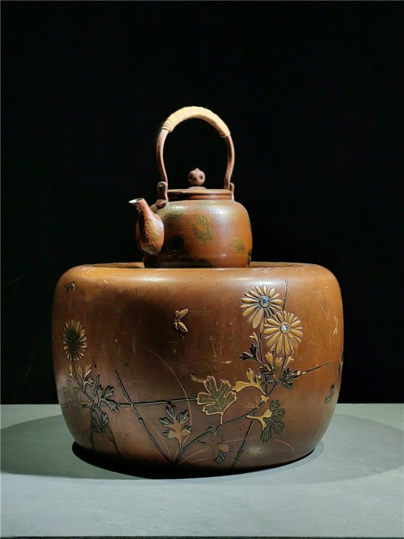 围炉煮茶 / 花鸟纹/实木老火钵  - 昭和老茶物 径34x高20cm中大号