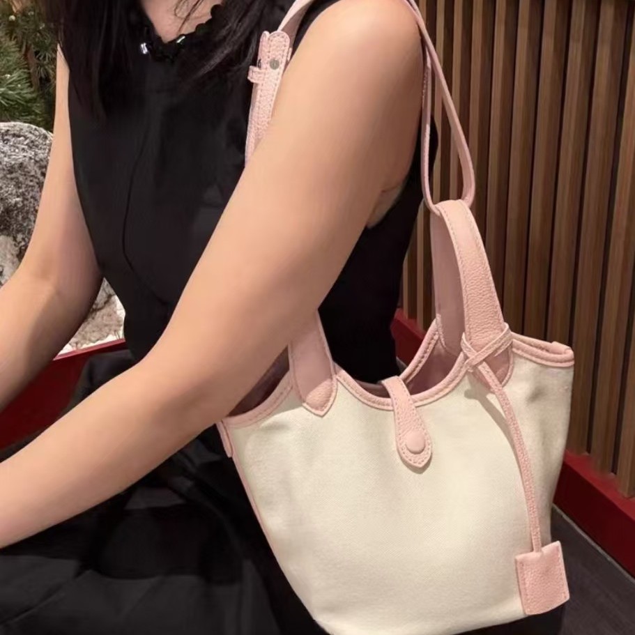 帆布拼接小众菜篮子手提包女2025新时尚百搭单肩斜挎水桶包XY0168