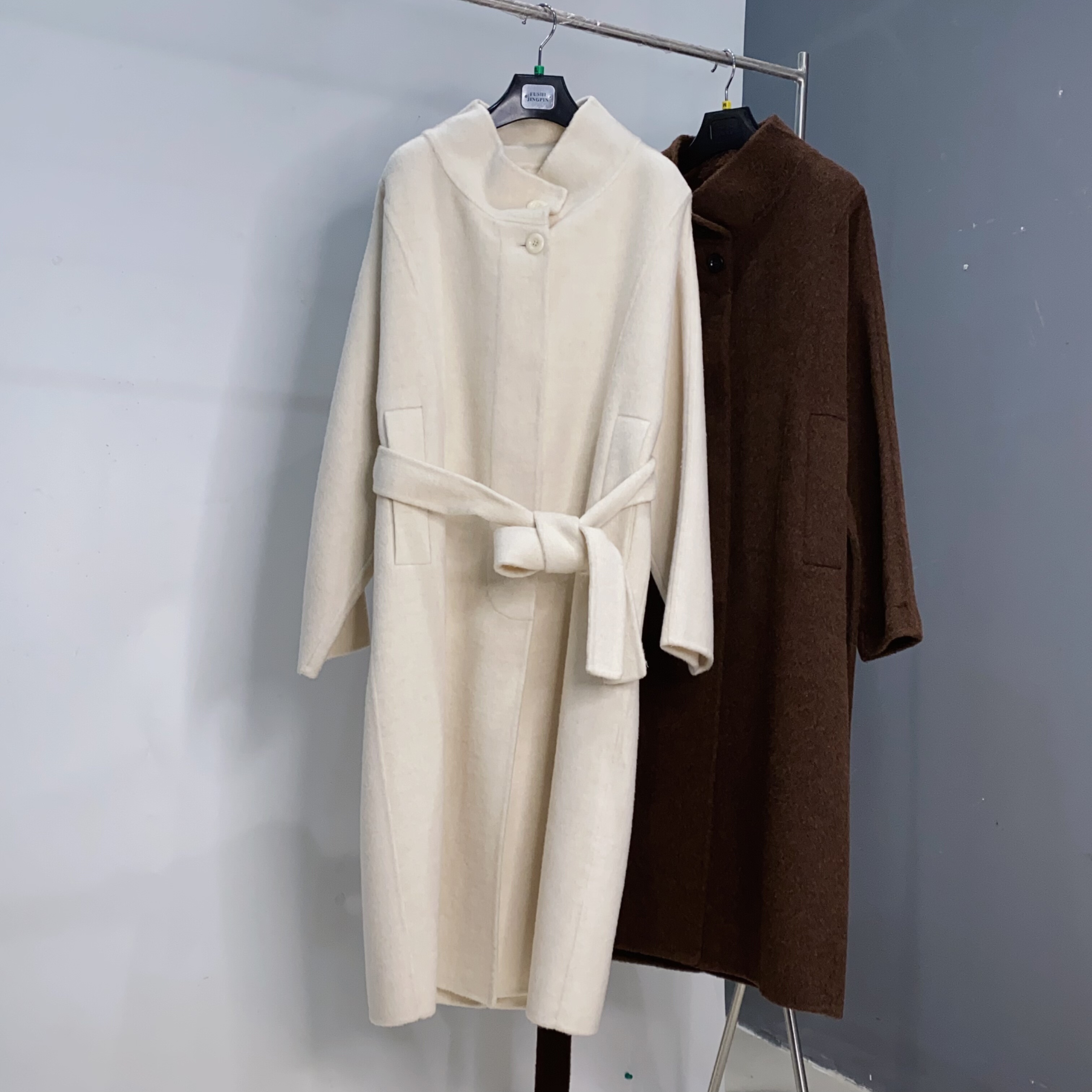 10骆驼绒90澳洲超细羊毛立领中长款系带收腰双面毛呢女HY长108