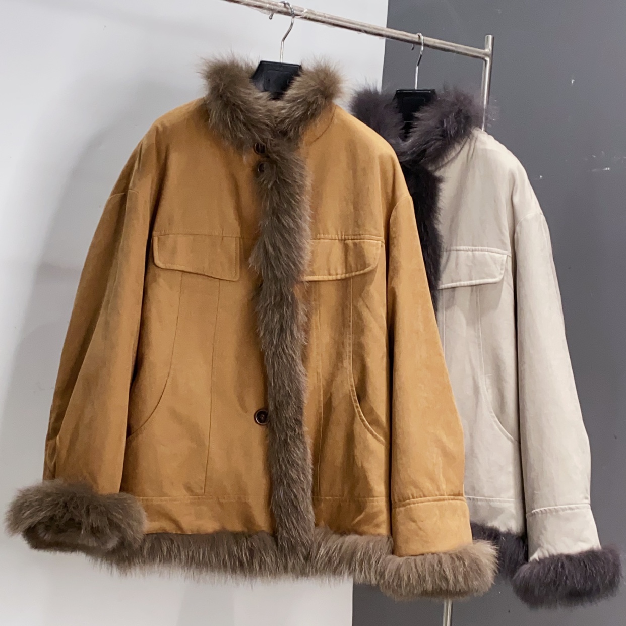 Q两面穿工装派克服女2025进KOU兔毛皮毛一体加厚外套HXM长70