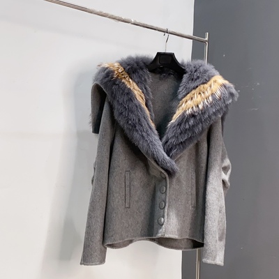 冬季可拆狐狸毛车条披肩毛呢外套女羊毛双面呢大衣灰短款长63FDD