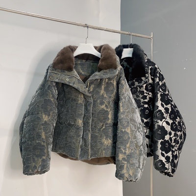 Q重工提花立领短款花朵60雪尼尔20人丝水貂翻领不可拆鹅绒长61