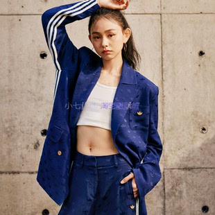 Adidas三叶草 女子复古翻领印花休闲西装外套长裤 IX0935 0938