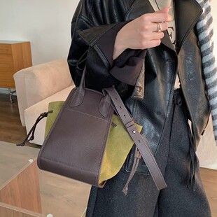 小众头层牛皮托特包百搭真皮手提翅膀包磨砂撞色单肩斜挎女包 韩版