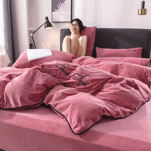 刺绣水晶绒四件套冬季珊瑚绒纯色双面绒牛奶绒加厚床上被套法兰绒