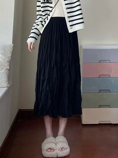 洋气小众设计女士高腰黑色褶皱感半身裙 通勤时尚 新款 2023秋冬季