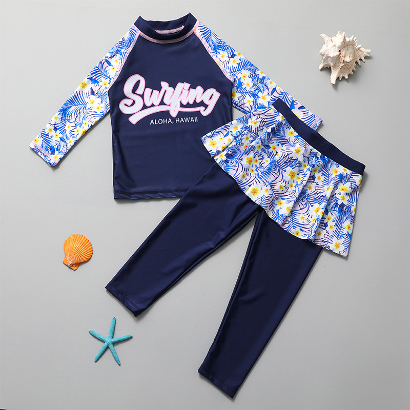 韩版新款儿童游泳衣女孩中大童分体裙式长袖防晒可爱公主速干泳装