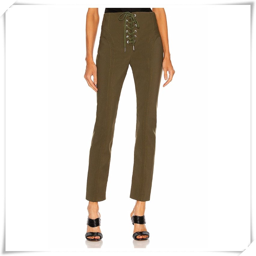 鸡眼系带中腰铅笔裤秋季女士弹力裤纯色通勤长裤紧身包臀常规棉质