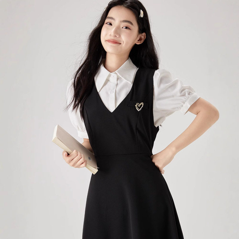 学生白衬衫黑色背心裙套装女夏正式场合教资面试收腰裙子两件套