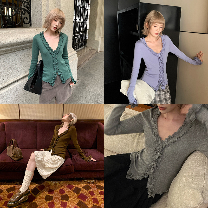 UNITY MODE 层叠荷叶边毛衣开衫女秋v领开叉修身上衣251089
