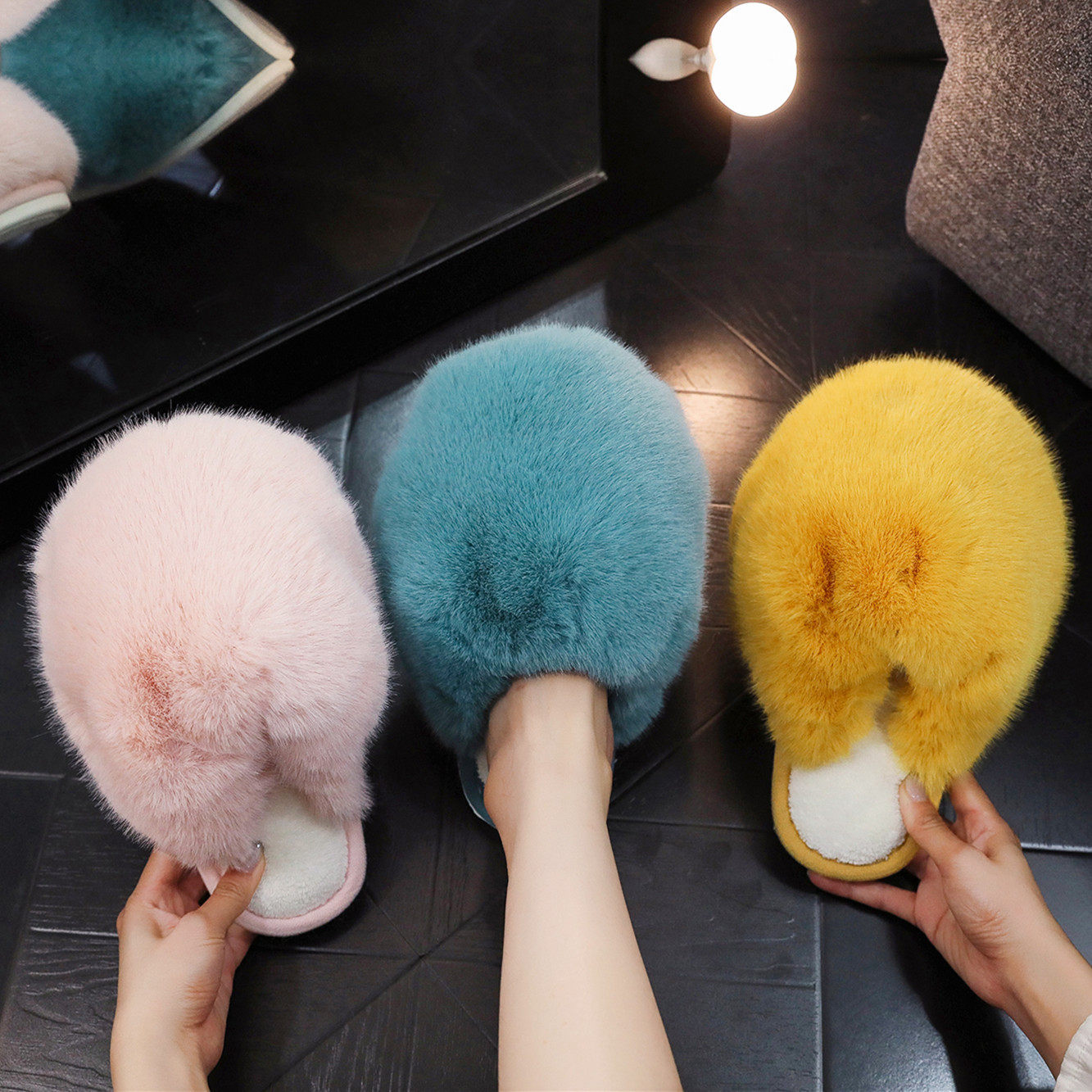 新疆包邮棉拖鞋女秋冬季室内居家家用保暖平底防滑加绒加厚蓬松毛