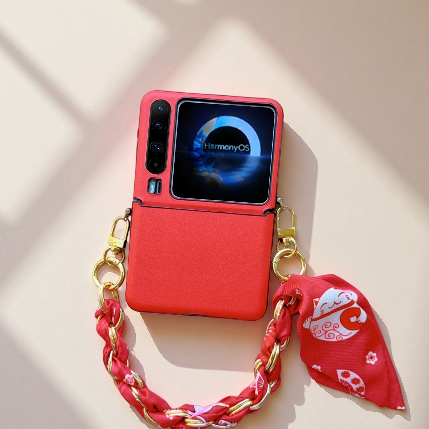 招财猫适用华为purax手机壳典藏版中轴包防摔中国红奢华女款手提链p50pocket2s折叠屏保护壳全包气质novaflip