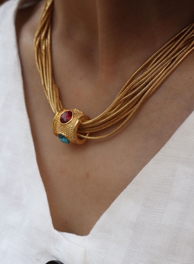 秋冬新款可旋转粉蓝水晶彩钻复古多层项链小众原创高级感复古轻奢