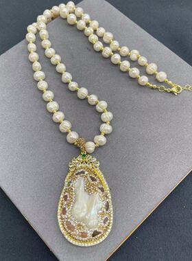 新款手工巴洛克珍珠吊坠毛衣链镶嵌碧玺原石锆石天然石项链