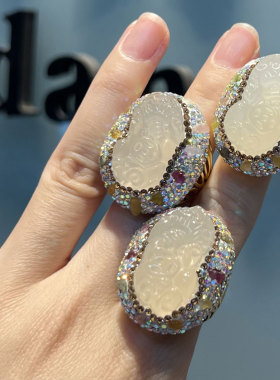 新中式玉髓貔貅戒指显手细高级感大气宽面粗手指开口指环戒指