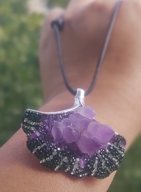 原创设计天然紫水晶晶花原石银杏叶子吊坠项链高级感毛衣链