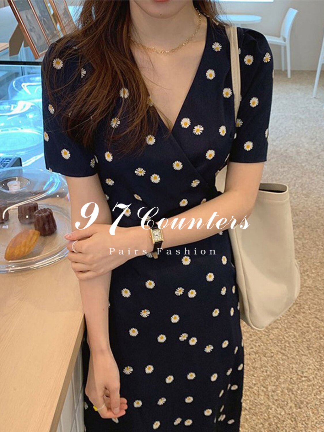 sandro asw floral dress female 2022 summer new high waist V-neck waist slimming small daisy dress