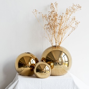 金色电镀陶瓷花瓶圆形样板房婚庆装 莫狄森欧式 饰