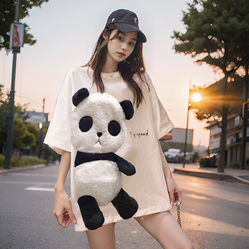 可爱t恤女短体卡通图案简单休闲新款夏天熊猫刺绣女装潮宽松上衣