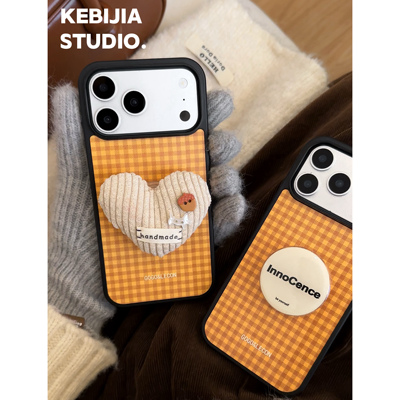 ins韩风黄色格纹支架防摔适用于苹果17promax15/16手机壳