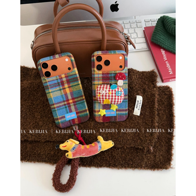 ins彩色苹果毛呢格纹挂绳防摔适用于苹果17promax15/16手机壳