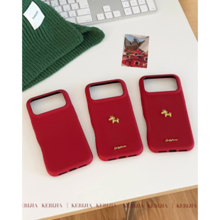 ins新年经典 16手机壳 红色皮质马年防摔适用于苹果17promax15