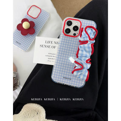 ins韩国清新蓝格子腕带支架防摔适用于苹果17promax16/15/14手机壳