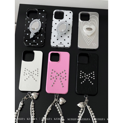 ins小众高级皮质补妆镜波点支架适用于苹果17promax16/15/14手机壳