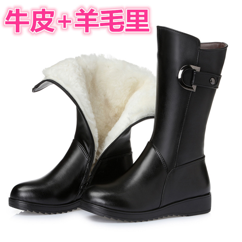 真皮靴子中筒靴女鞋冬加绒羊毛中年女靴中老年女士妈妈棉鞋雪地靴