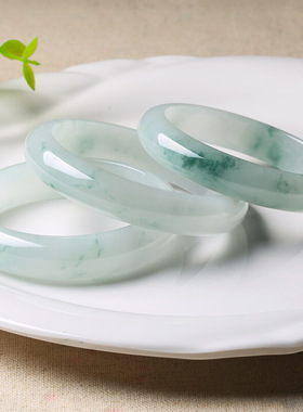 天然缅甸翡翠手镯女款翡翠玉手镯女款白底飘花少女细款油青手镯子