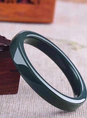 新疆和田玉手镯墨绿色方条手镯青玉货和田玉手镯送证书