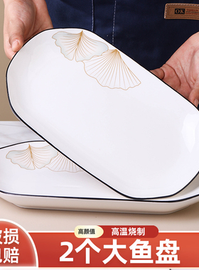 大号鱼盘2只装 家用蒸鱼盘子高级感陶瓷鱼盆长方形装鱼碟可微波