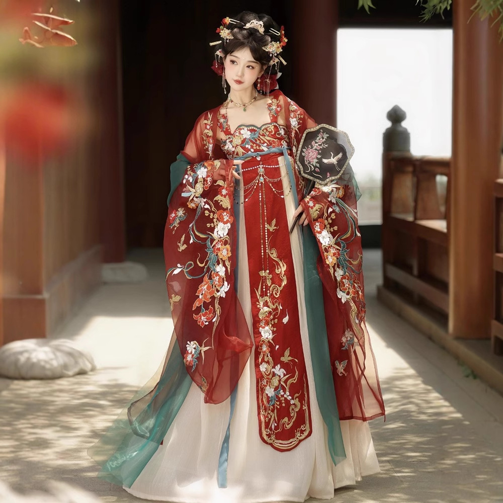 原创成人汉服女重工刺绣唐制诃子裙日常改良齐胸裙大袖衫春夏秋款