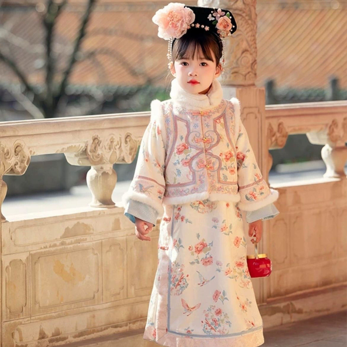 儿童汉服女童古装格格服冬款小女孩加绒加厚马甲旗袍拜年服秋冬款