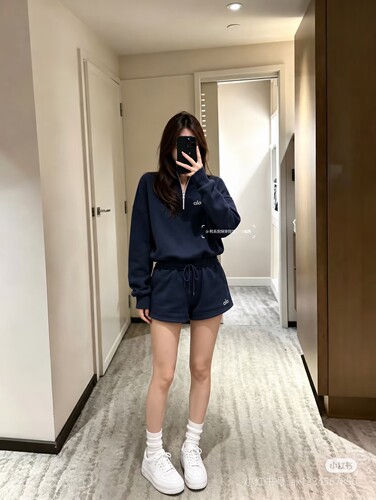 带三标Alo同款半拉链卫衣短裤套装女春秋新款运动休闲宽松两件套
