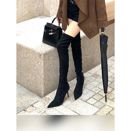 【进阶韩模靴2.0】进阶版瘦腿版——"9cm细跟"尖头绒面弹力过膝靴