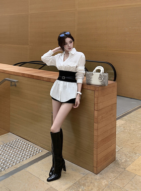 Momoshero【girdling衬衫裙】高知韩女oni“细腰感tie”V领衬衫裙