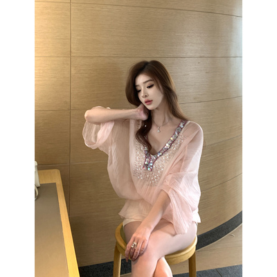 Momoshero【一件限量古着裙】美而自知的~手工钉珠半透真两件上衣
