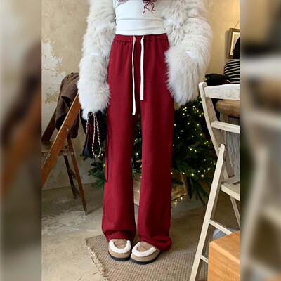 现货【 Sport甜心】好运环绕不俗的买手感红裤子长绒棉运动休闲裤