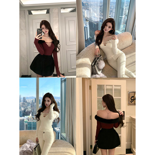 Momoshero【Red微醺玫瑰】节日特调品！“定做毛领版”一字肩上衣