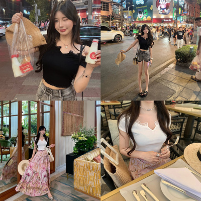 现货【娇心尤物】有层次的漂亮优越肩颈显瘦拼lace木耳边V领上衣