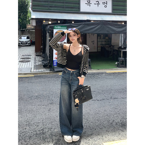 现货【LA冰裂蓝牛】高频搭配佼佼者“重磅猫须纹”博主比例阔腿裤