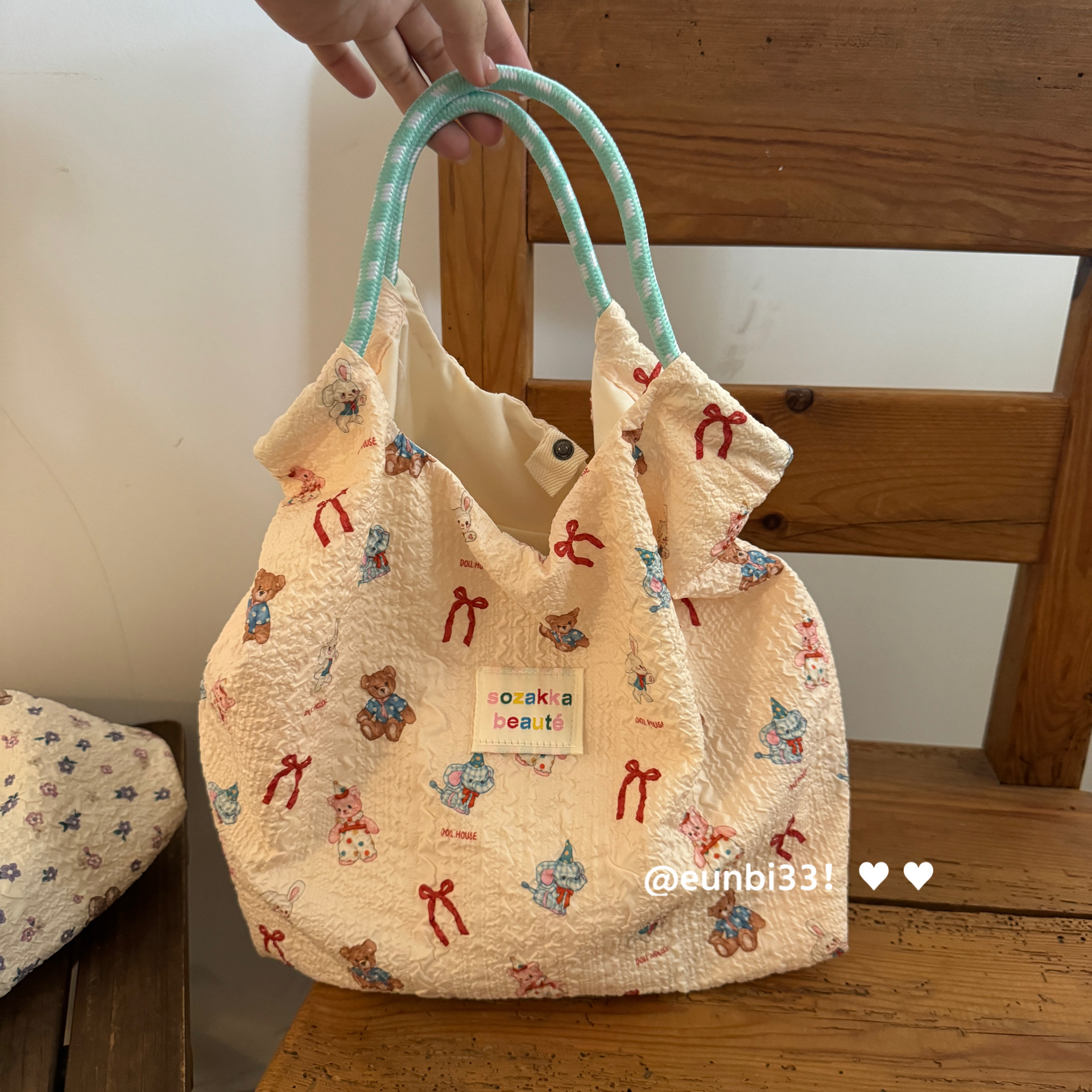 甜系分享～蝴蝶结小熊手提布袋单肩帆布袋小众