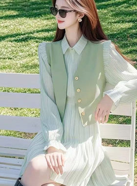2025春装新款女法式气质大方得体高级感收腰绿色假两件衬衫连衣裙